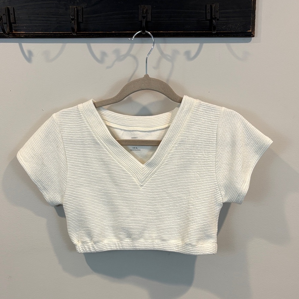 Madewell V Neck Crop Tee Thermal Waffle Knit in Lighthouse Size Large - Picture 3 of 7